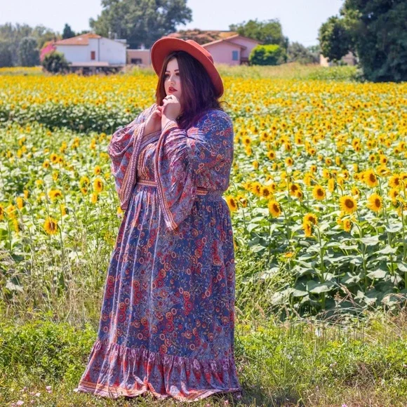 Aveology Floral Earth Angel Maxi Dress 22/24 Flare Sleeve Boho Southwestern - Picture 2 of 13